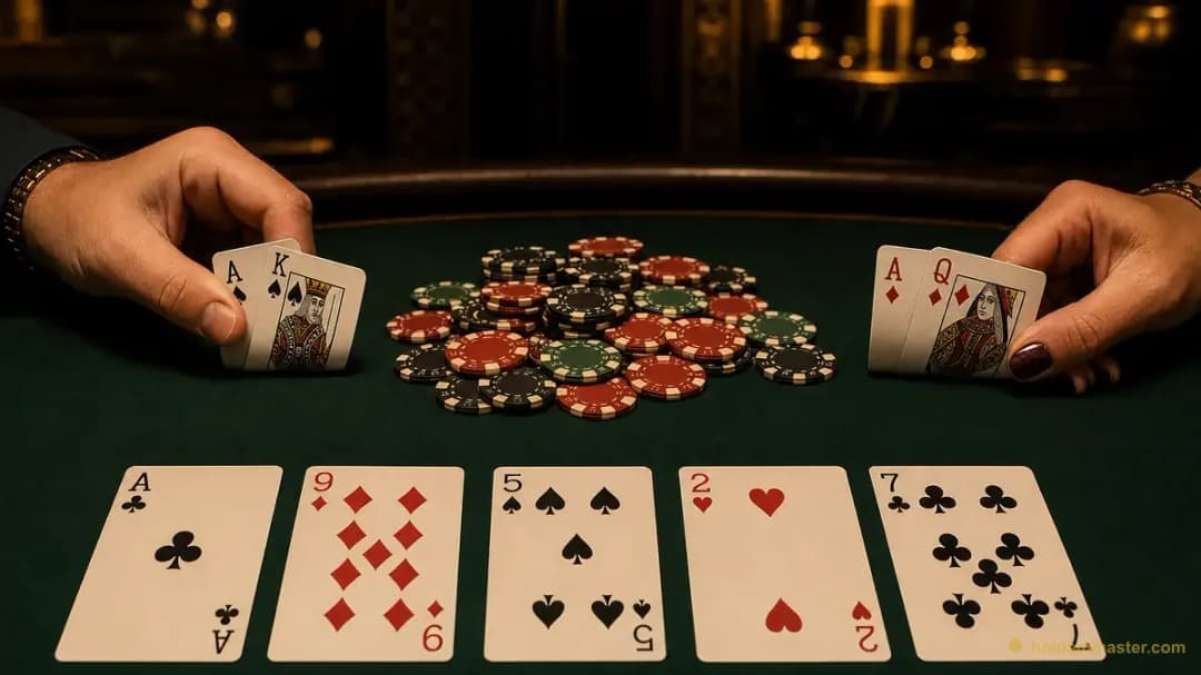 Two players turning over A-K and A-Q at showdown with an ace on the board โ the king kicker deciding who wins the pot