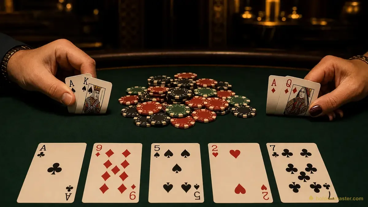 Zwei Spieler decken beim Showdown A-K und A-Q auf, ein Ass liegt auf dem Board – der König als Kicker entscheidet, wer den Pot gewinnt