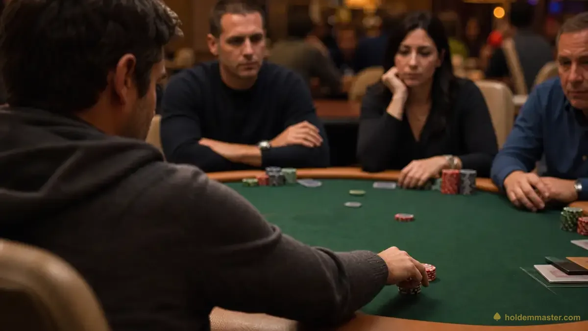 Ein Pokerspieler schiebt leise Chips nach vorne, um preflop nur den Big Blind zu callen, während andere Spieler warten – ein passiver Limp