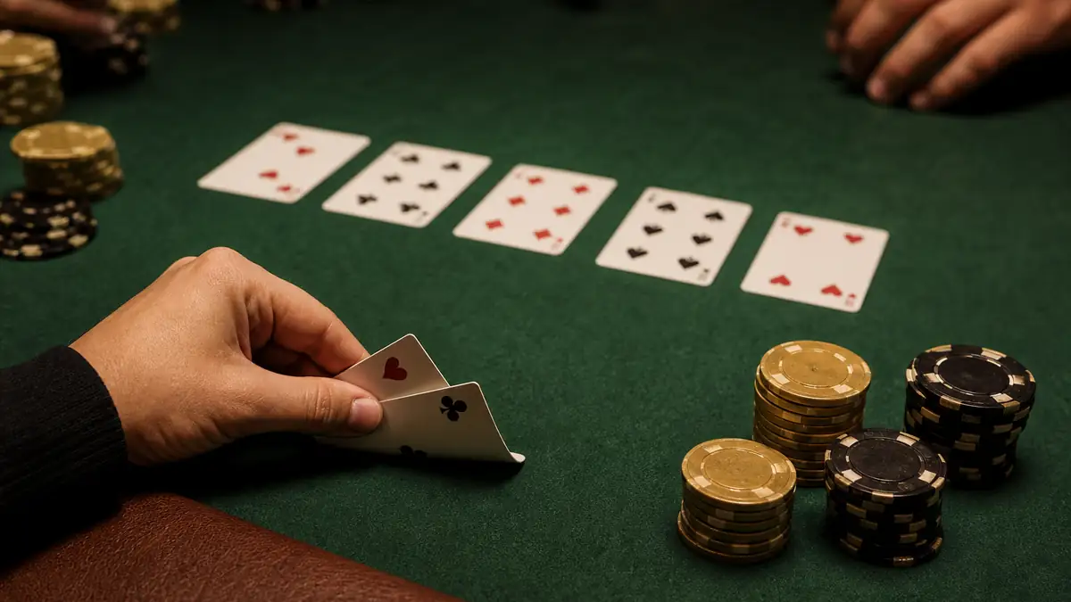A player mentally tallying the cards that complete a draw as the board sits on green felt