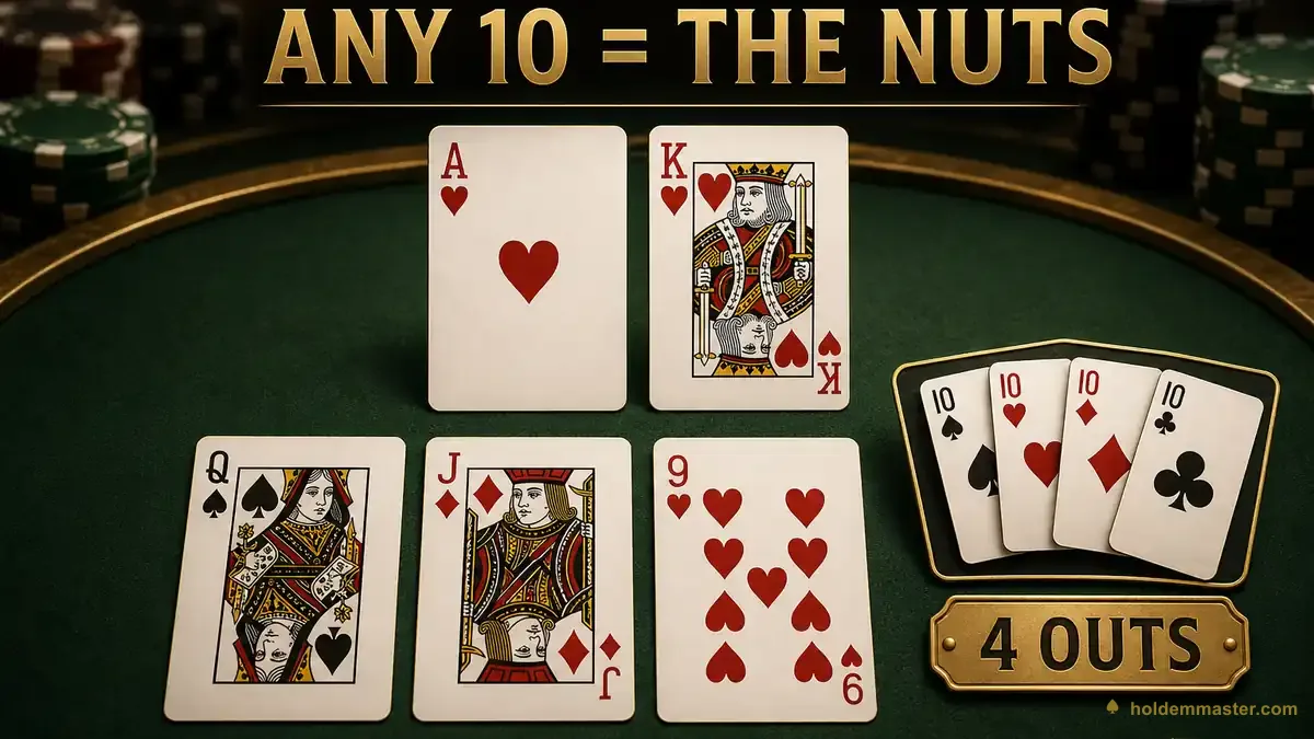 Infografik zum Zählen von Outs – A♥ K♥ gegen einen Q♠ J♦ 9♥ Flop, bei dem jede Zehn die Nut-Straße vervollständigt