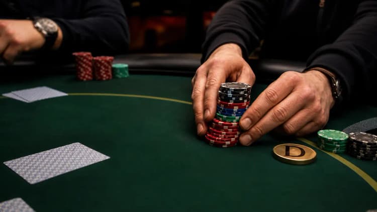 A late-position player on the button pushing a raise forward while both blinds fold — a textbook blind steal