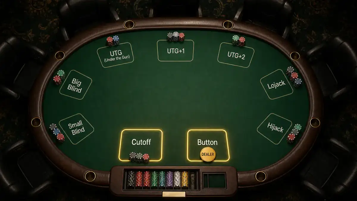 Top-down view of a professional poker table with 9 labeled positions and dealer button highlighting the button and cutoff seats as profit zones