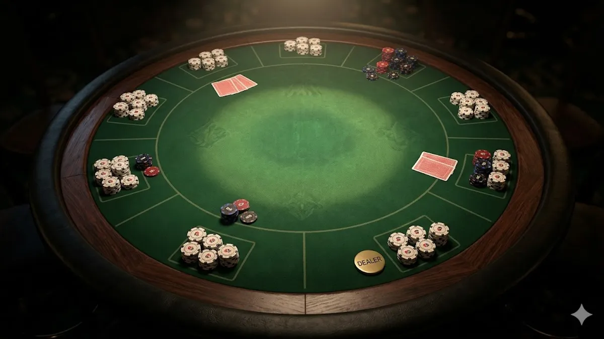 Top-down view of a professional poker table showing 9 player positions with chip stacks and a gold dealer button