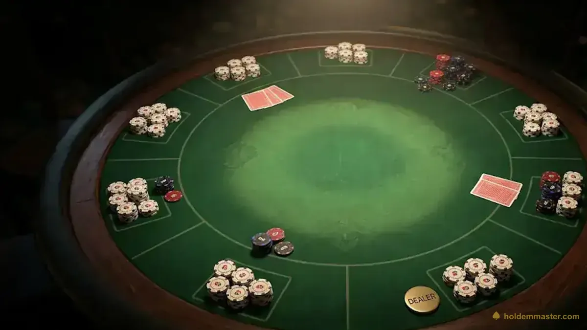 Vista cenital de una mesa de póker profesional con 9 posiciones de jugador, stacks de fichas y un botón de repartidor dorado