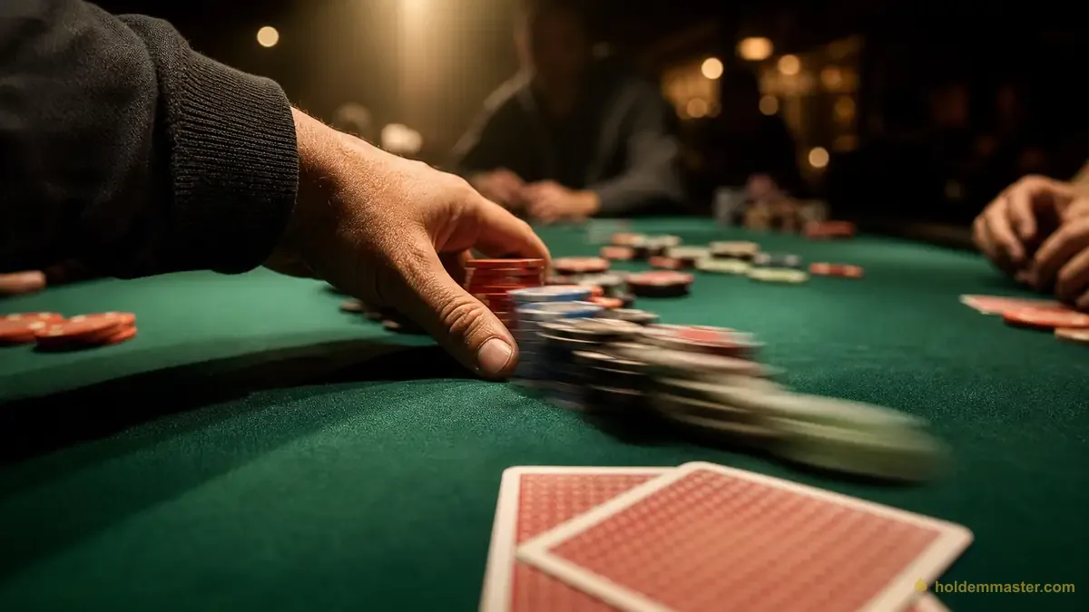 La mano de un jugador empujando fichas hacia el bote central sobre el tapete verde — el momento en que se toma una decisión de pot odds