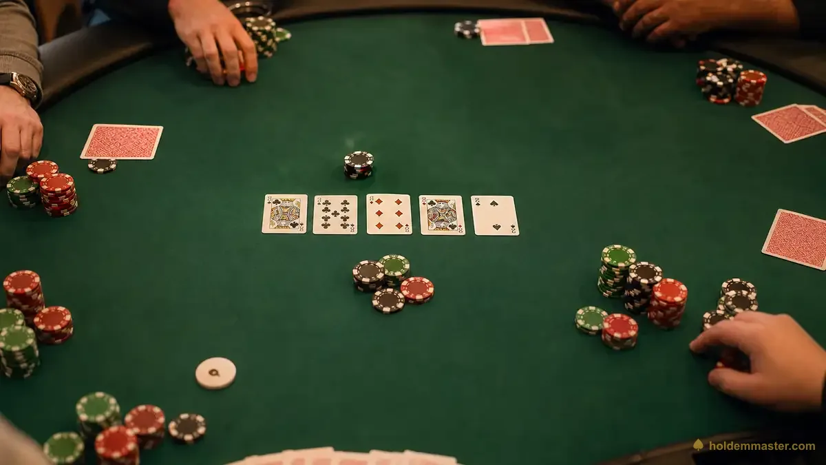 Overhead view of an active Texas Hold'em table with five community cards, scattered chip stacks and players mid-hand