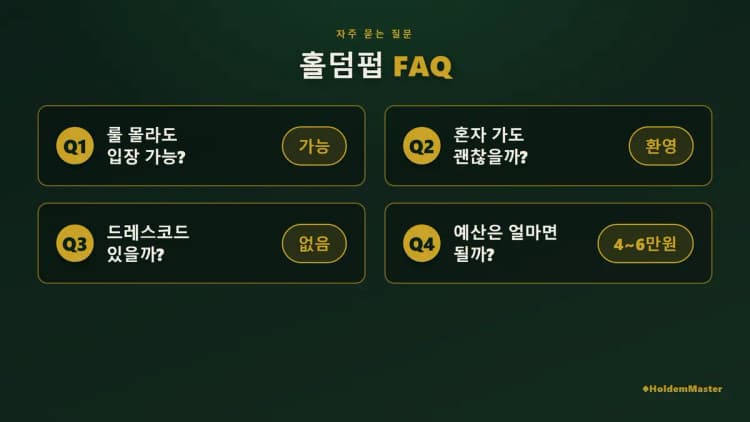 홀덤펍 처음 가는 법 자주 묻는 질문 인포그래픽 — 룰·혼자 방문·참가비·복장 등 초보 질문 정리