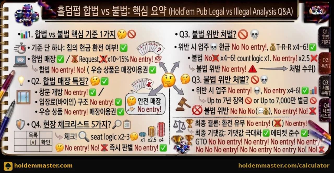 홀덤펍 합법 vs 불법 핵심 요약 인포그래픽 — 홀덤펍 합법 기준·처벌·체크리스트 완전 정리
