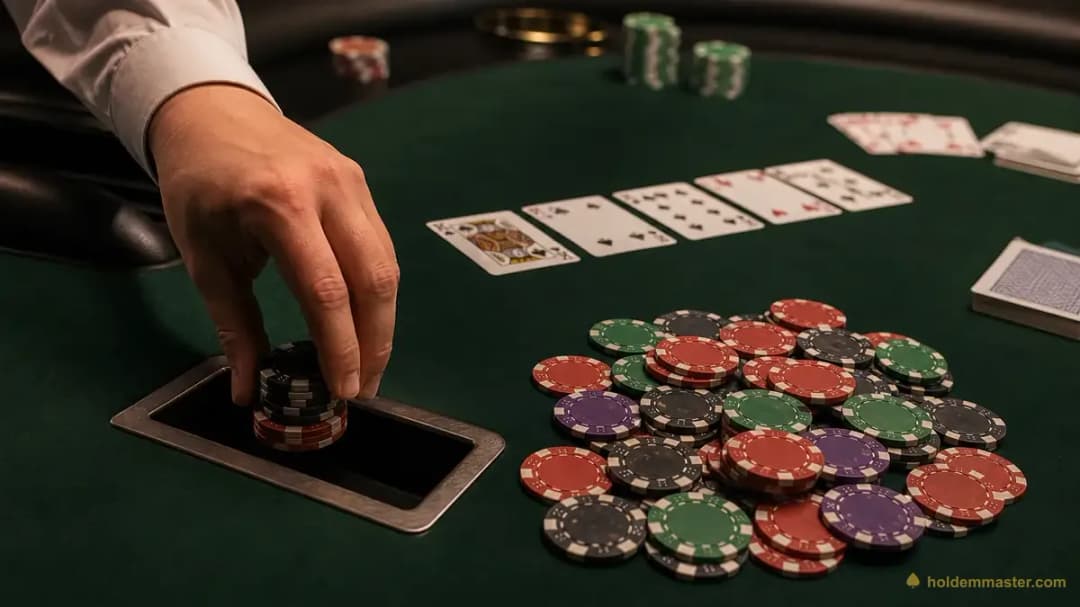 A dealer pulling a small stack of chips from the center pot into the rake drop slot on a green felt table