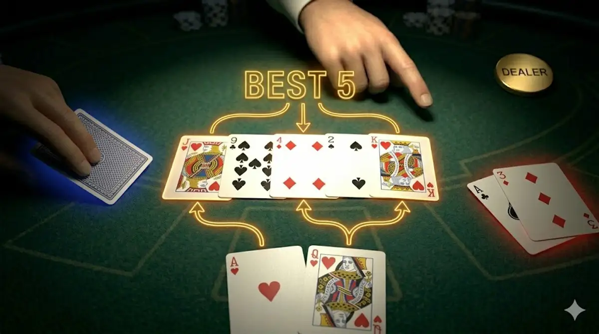 Texas Hold'em board reading — 5 community cards on dark felt with gold arrows showing which cards combine for best 5-card hand