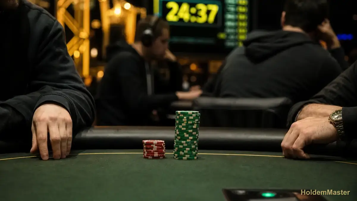 A short stack of tournament chips beside a large stack on green felt with a tournament clock behind — the moment a short-stacked player has to move all-in or fold