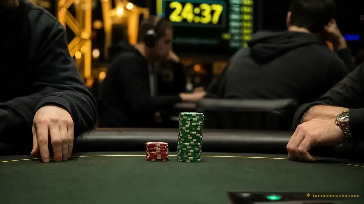 A short stack of tournament chips beside a large stack on green felt with a tournament clock behind — the moment a short-stacked player has to move all-in or fold