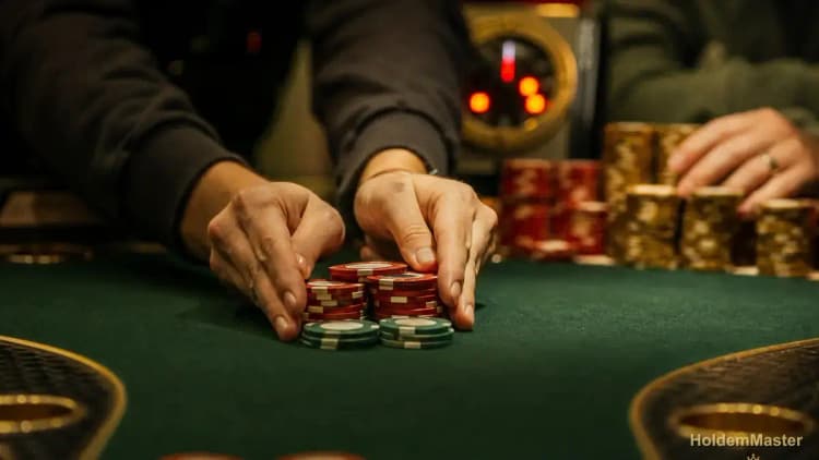 A short chip stack pushed all-in across the felt while a bigger stack decides whether to call, tournament clock glowing behind