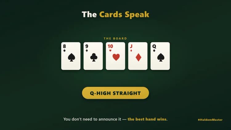 Infografik zur Cards-Speak-Regel – ein Board mit 8♠ 9♣ 10♥ J♦ Q♠ ergibt eine Straße bis zur Dame, und beim Showdown sprechen die Karten für sich