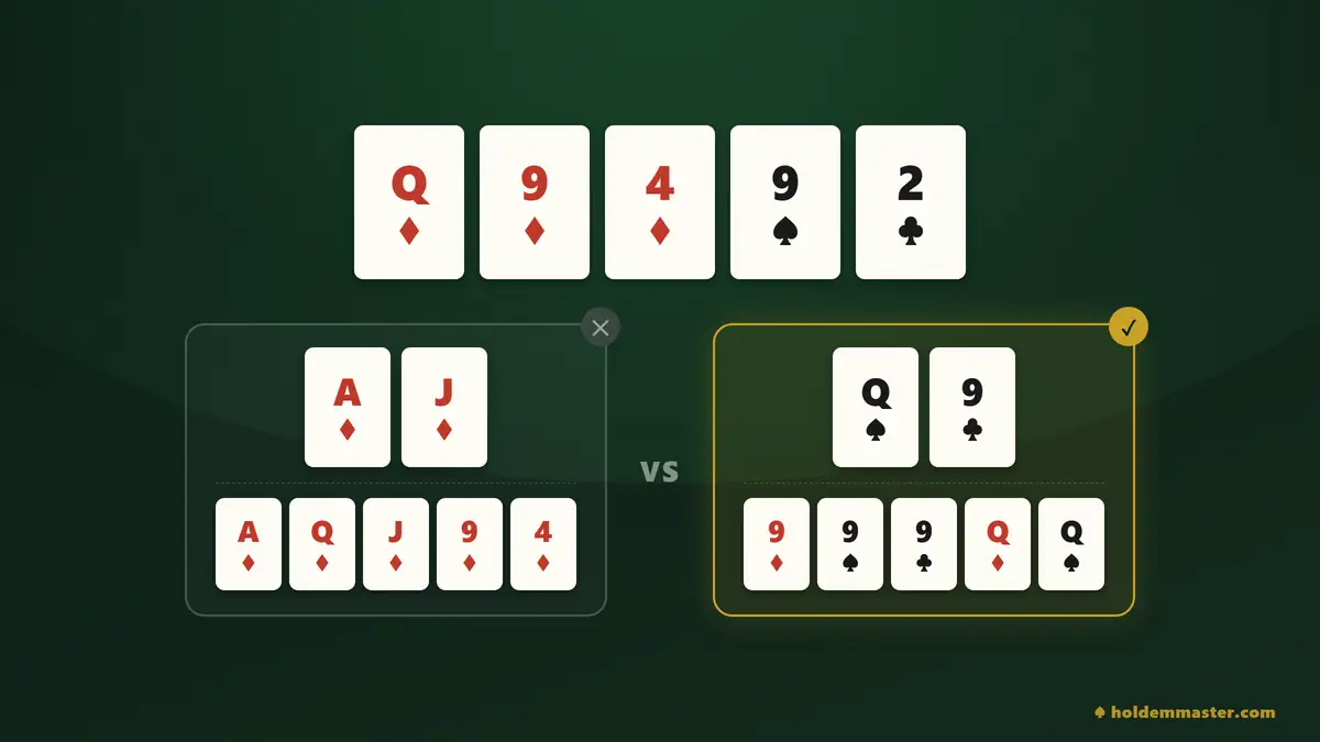 보드 Q♦ 9♦ 4♦ 9♠ 2♣에서 다이아 플러시를 만든 쪽이 9 풀하우스에게 지는 쇼다운 비교