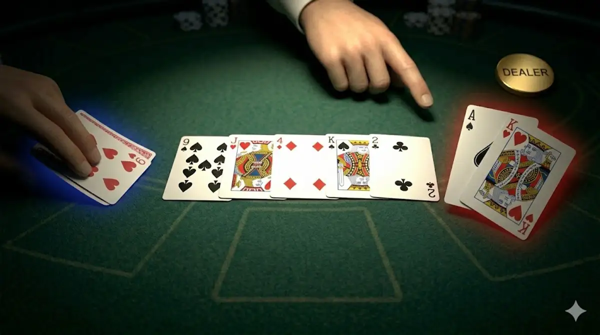 Texas Hold'em showdown — dealer points to winning hand as losing player begins to muck, community cards face-up on green felt