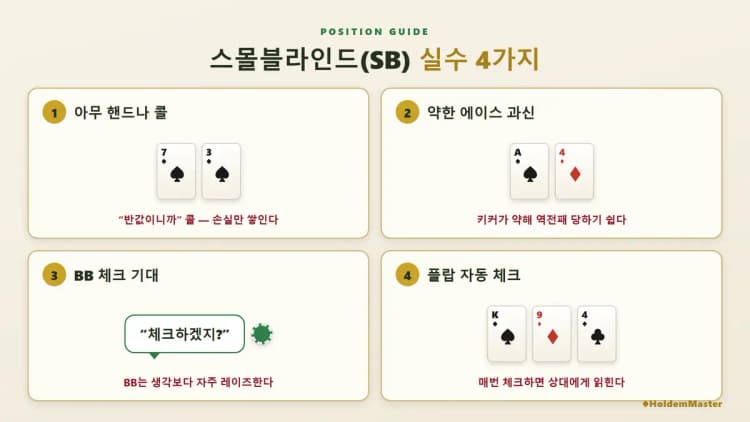 스몰블라인드 실수 4가지 — 아무 수티드 콜·약한 에이스 콜·BB 체크 기대·플랍 자동 체크 경고 카드|w