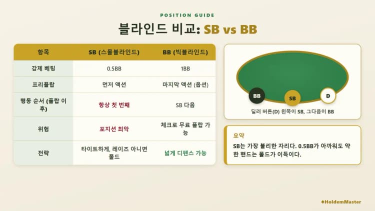 스몰블라인드 vs 빅블라인드 차이 — 강제 베팅 금액·프리플랍 옵션·플랍 이후 행동 순서 비교표|w