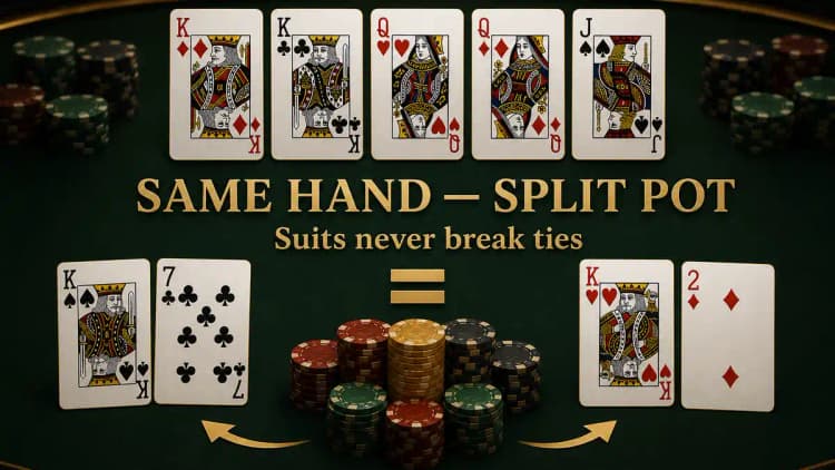 Board K♦ K♣ Q♥ Q♦ J♠, links K♠ 7♣ und rechts K♥ 2♦, dazwischen ein goldenes Gleichheitszeichen – beide bauen dasselbe Full House K-K-K-Q-Q, die Farbe entscheidet beim Texas Hold'em nie über einen Gewinner