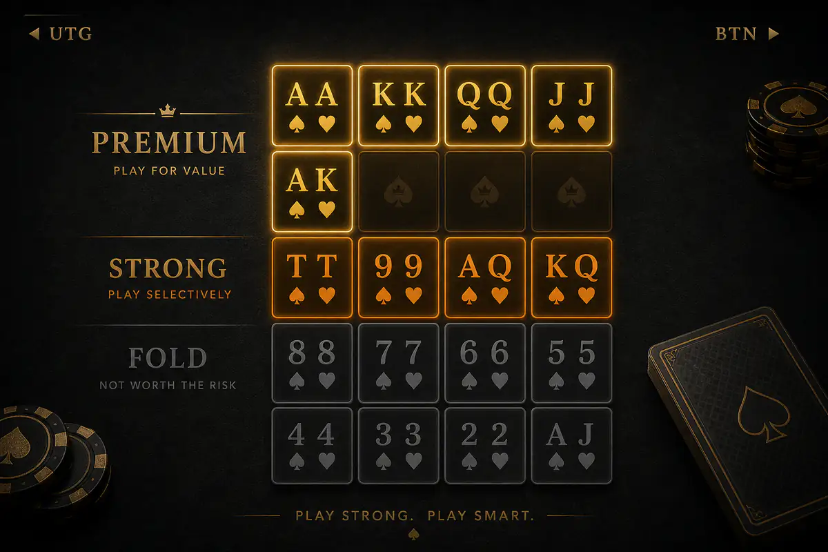 Texas Hold'em starting hands chart showing Premium (AA KK QQ JJ AK), Strong (TT 99 AQ KQ) and Fold groups by position UTG to button