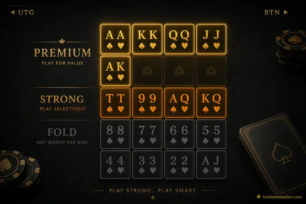 Tabla de manos iniciales de Texas Hold'em con los grupos Premium (AA KK QQ JJ AK), Fuertes (TT 99 AQ KQ) y Fold por posición de UTG al botón