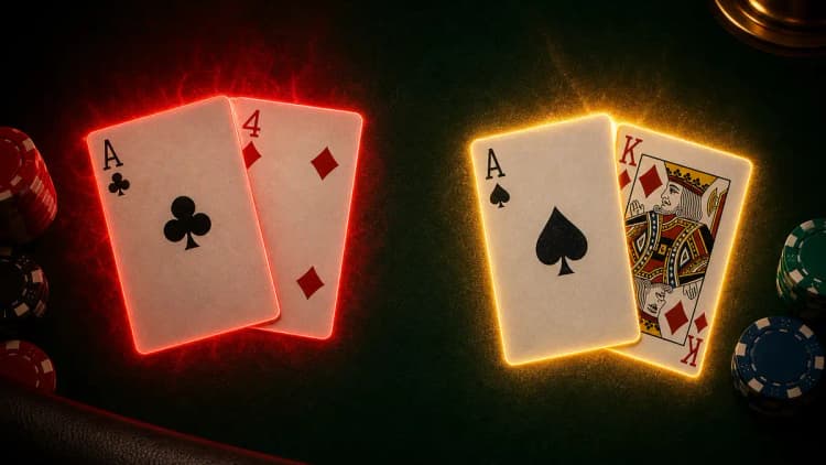 Zwei Starthände nebeneinander auf dem Filz – ein schwaches A♣ 4♦ rot umrandet, daneben ein Premium-A♠ K♦ in Gold