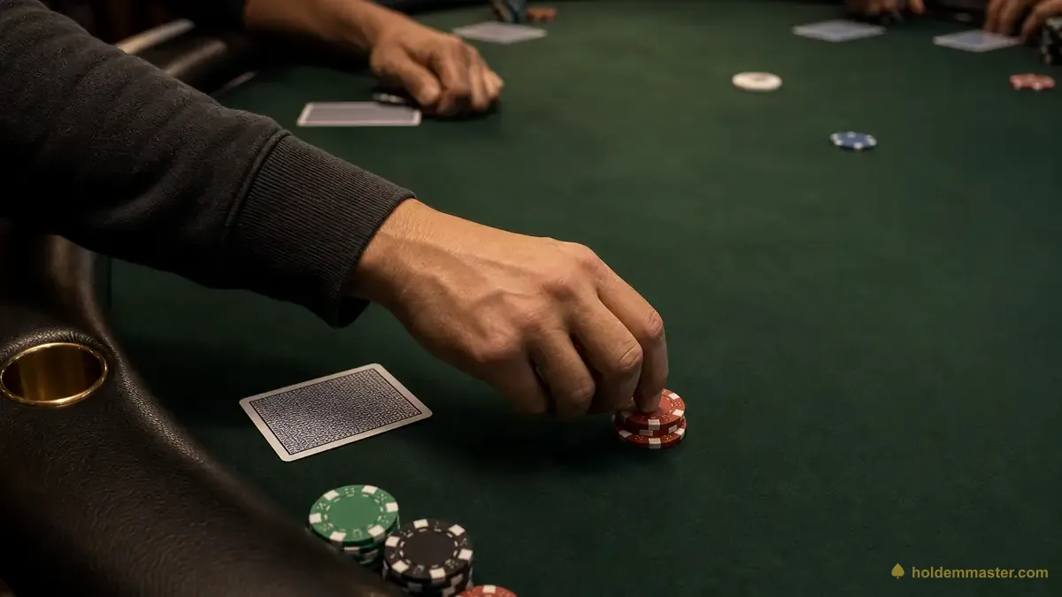 Ein Spieler in Under-the-Gun-Position setzt vor dem Austeilen einen zusätzlichen Blind-Einsatz aus zwei Chips vor den Big Blind