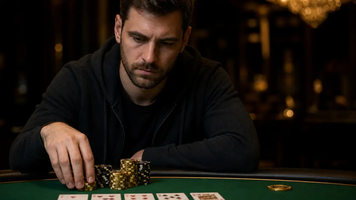A focused poker player weighing a decision at a green-felt Texas Hold'em table, chips and community cards in front of them mid-hand