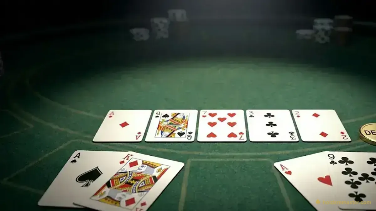 Showdown de póker: A♠ K♦ contra A♥ 9♣ con mesa A♦ Q♠ 7♥ 3♣ 2♦ — misma pareja de ases, el kicker decide al ganador