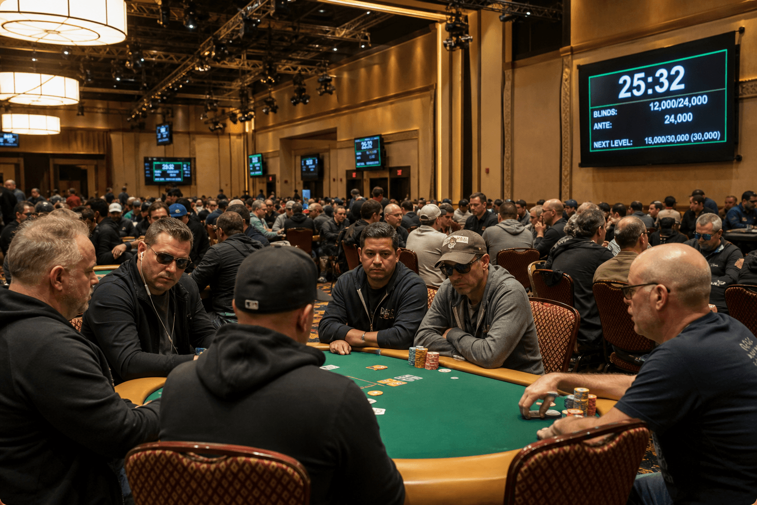 Live poker tournament final table with tournament chips, cards in play, and players seated under bright lights