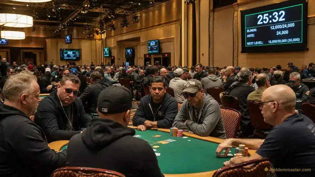 Voller Live-Pokerturniersaal mit der Blind-Uhr auf 12.000/24.000, während die Spieler eine Hand ausspielen