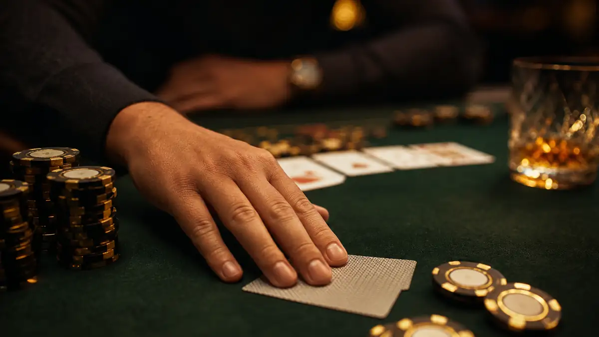 A poker player sliding their cards face-down into the muck under the table lights, choosing to fold rather than pay off a bet
