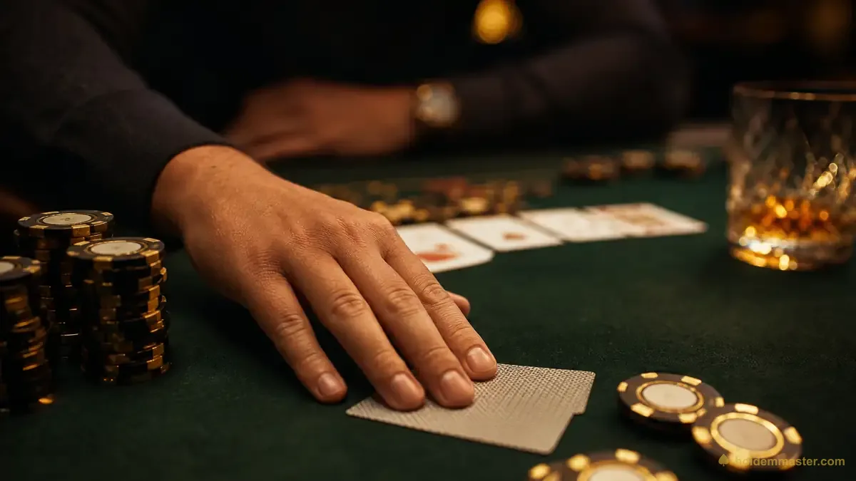 Ein Pokerspieler schiebt seine Karten verdeckt in den Muck unter dem Tischlicht und entscheidet sich zu folden, statt eine Bet zu bezahlen