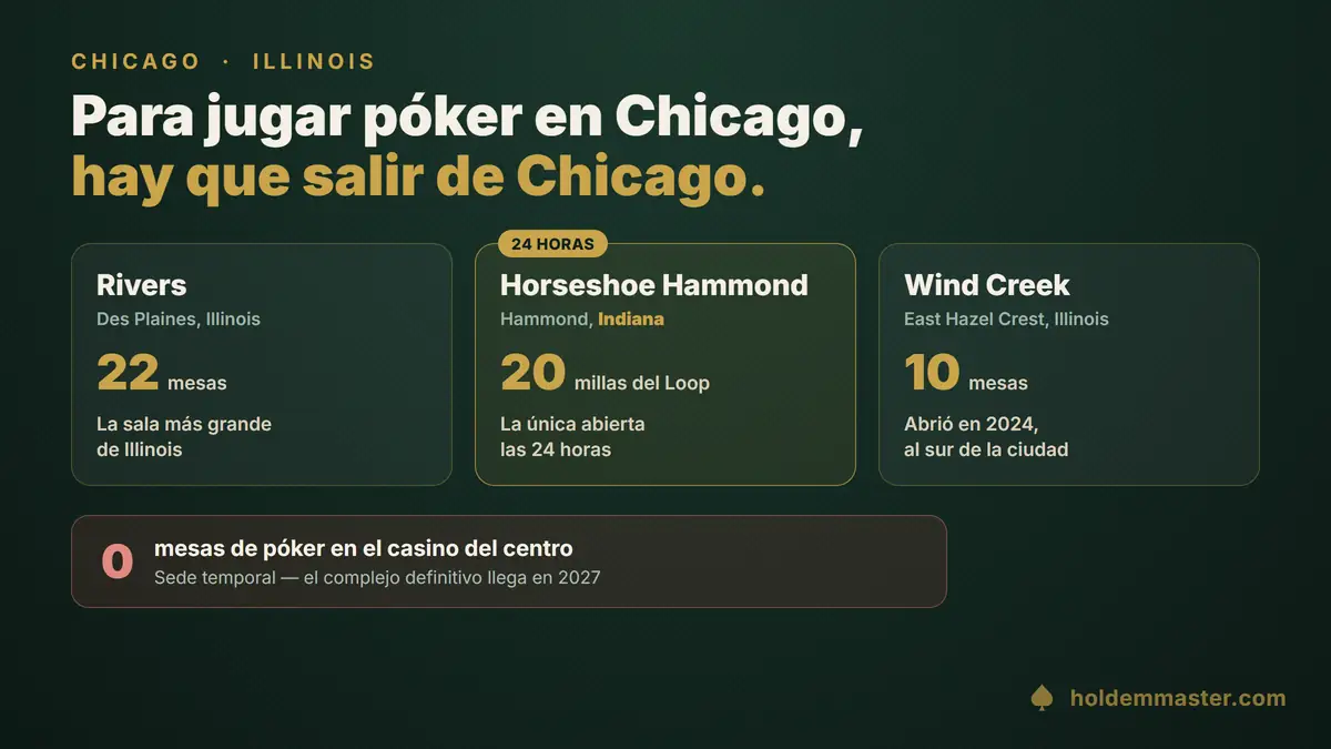 Dónde jugar póker cerca de Chicago: Rivers Des Plaines con 22 mesas al noroeste, Wind Creek Southland con 10 al sur, y la sala de 24 horas de Hammond ya en Indiana