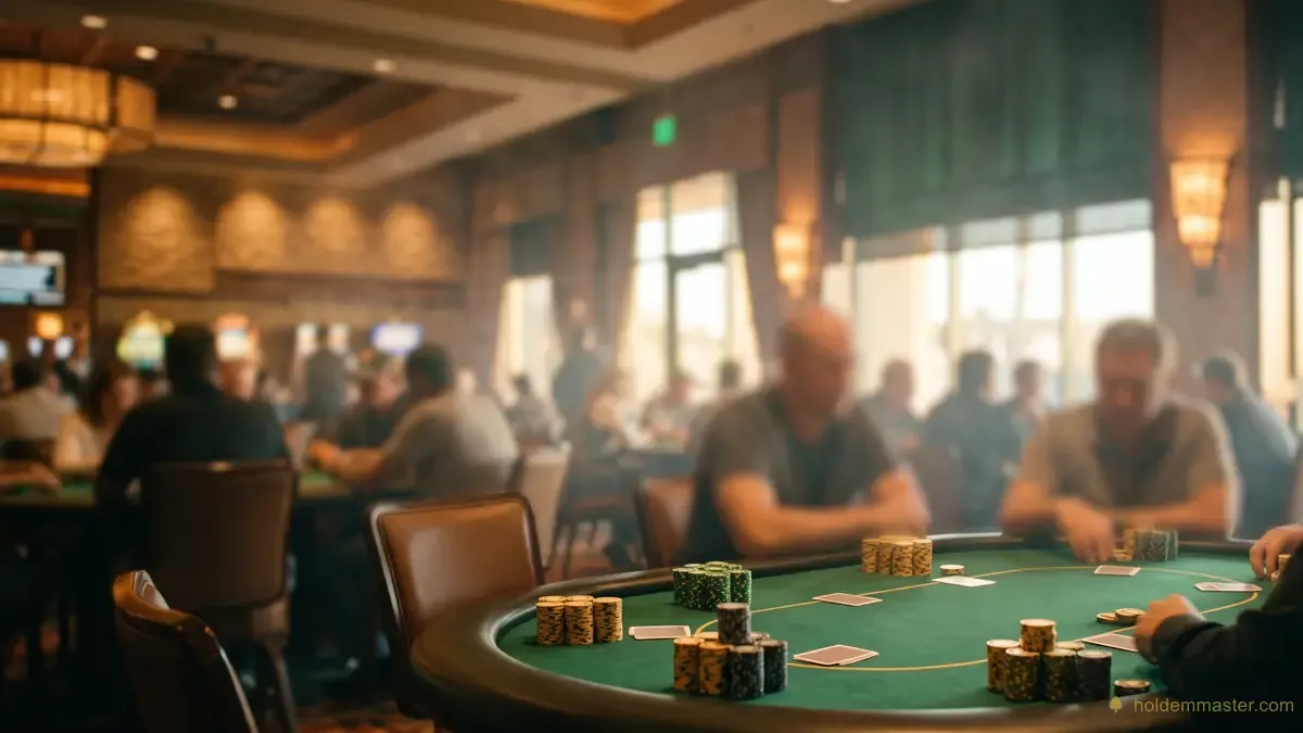 Sala de póker de un casino estadounidense por la tarde, con fichas apiladas sobre el fieltro verde y varias mesas ocupadas al fondo