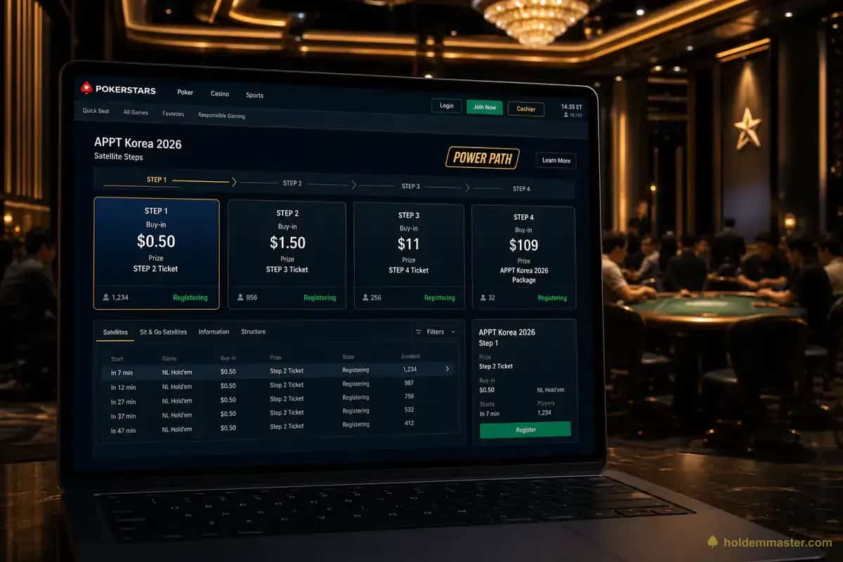 PokerStars Power Path 위성 토너먼트 로비 — APPT 코리아 2026 시트 획득 경로 단계별 안내