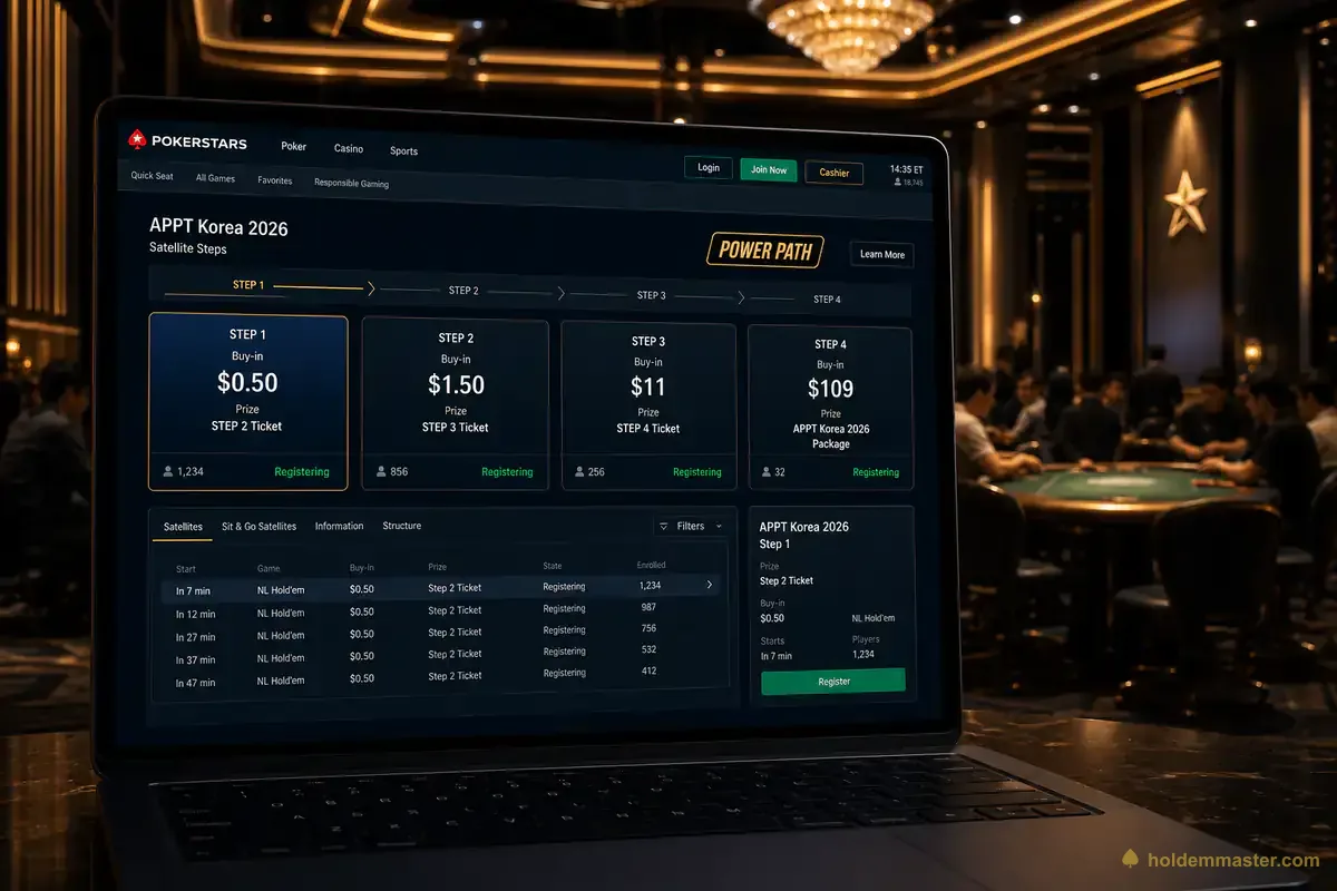 PokerStars Power Path 위성 토너먼트 로비 — APPT 코리아 2026 시트 획득 경로 단계별 안내