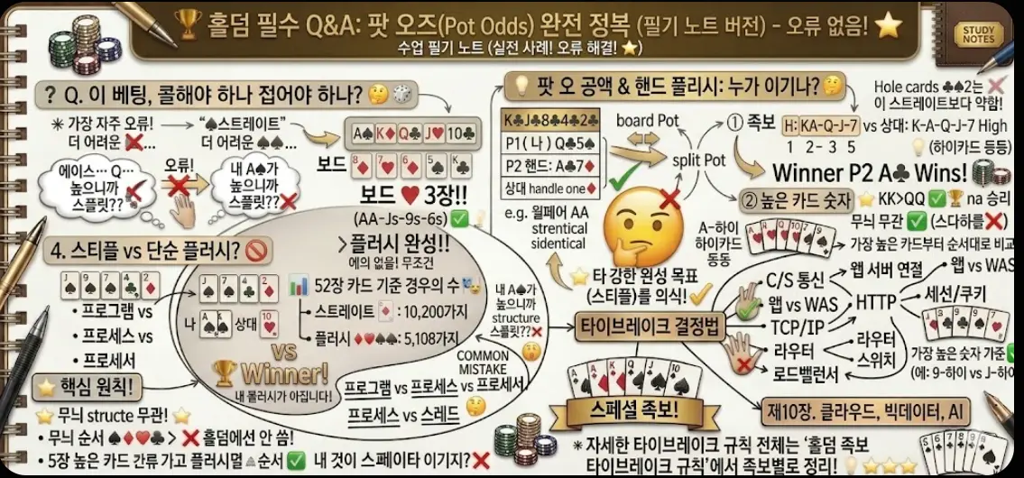 홀덤 팟오즈 완전 정복 인포그래픽 — 팟오즈 공식·콜 vs 폴드 수학 판단·실전 Q&A 한눈에 정리