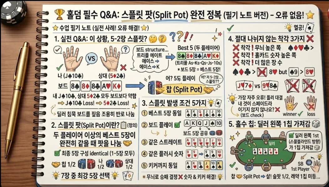 홀덤 스플릿 팟 완전 정복 요약 카드 — 팟이 나뉘는 5가지 상황 한 장 정리