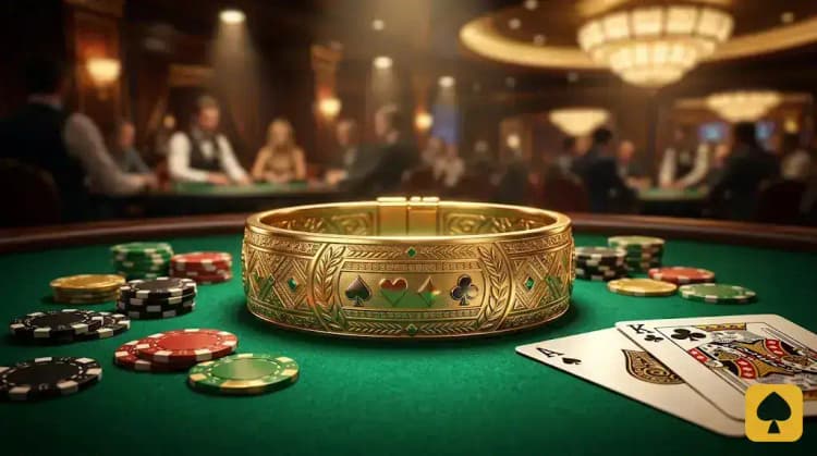 WSOP 골드 브레이슬릿과 포커 칩 — 세계 포커 챔피언을 상징하는 우승 목표