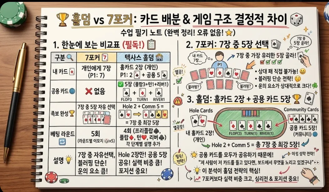 홀덤 vs 7포커 카드 배분·게임 구조 비교 카드 — 홀카드·공용카드·베팅 라운드 한 장 정리