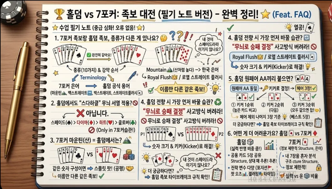 홀덤 vs 7포커 FAQ 완전 정복 카드 — 족보 종류·무늬·마운틴·키커·스플릿팟 6가지 핵심 질문