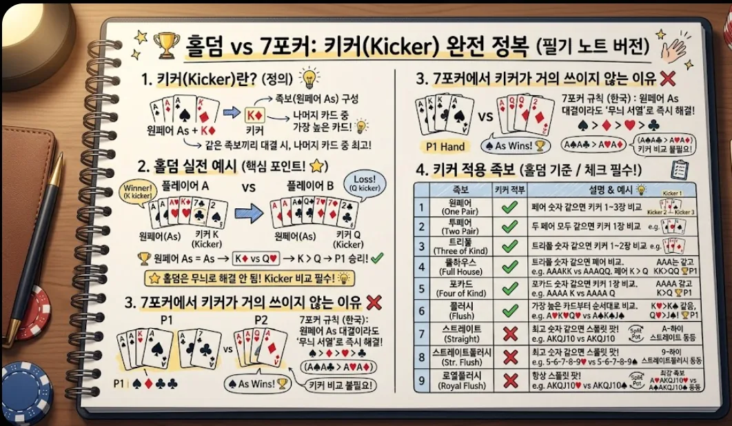 홀덤 vs 7포커 키커 완전 정복 카드 — 적용 족보·실전 예시·7포커 차이 한 장 정리
