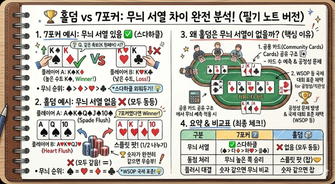 홀덤 vs 7포커 무늬 서열 차이 핵심 비교 카드 — 스다하클 vs 무늬 없음 완전 정리