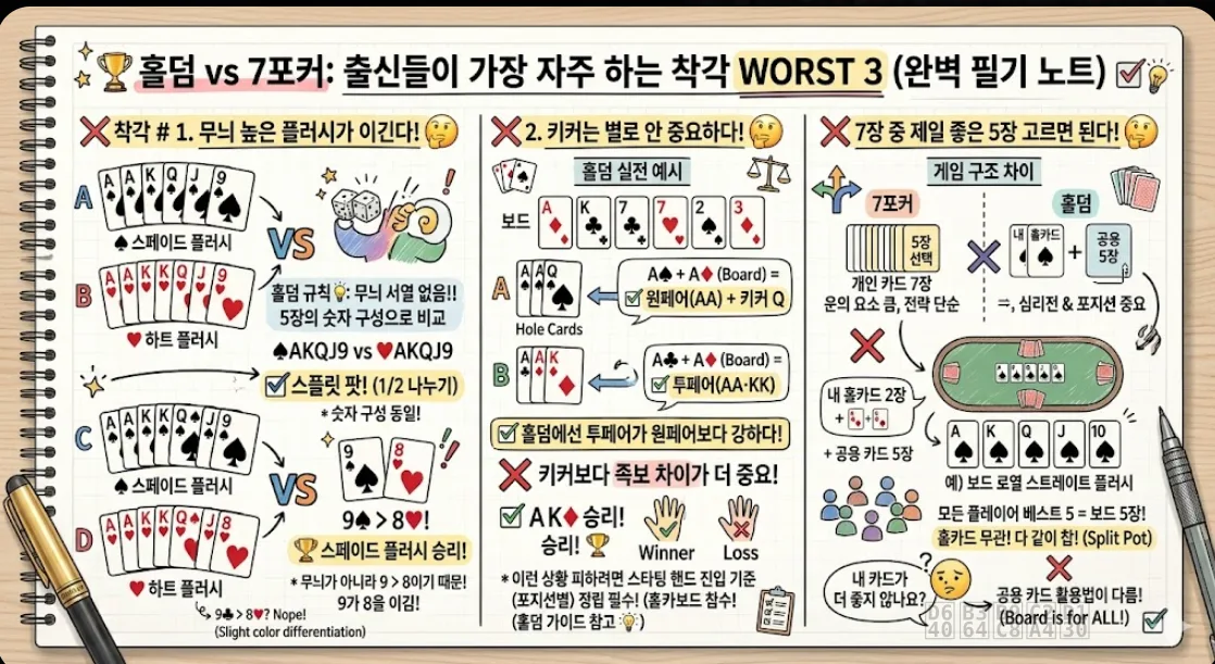 홀덤 vs 7포커 착각 WORST 3 비교 카드 — 무늬·키커·공용카드 실전 오개념 완전 정복
