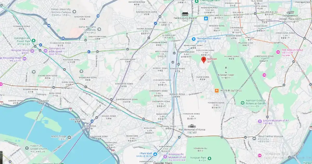 Google Maps zoomed into central Seoul with Namsan (N Seoul Tower) marked — Hongdae to the west, Han River to the south