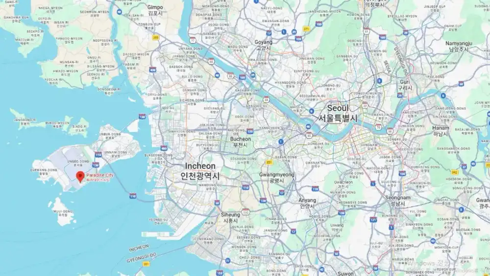 Google Maps overview showing Paradise City in Incheon and the distance to central Seoul — approximately 50km west of the city