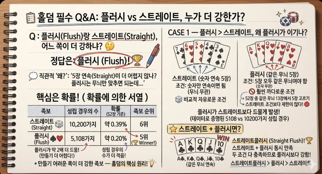 플러시 스트레이트 차이 Q&A 카드 — 확률로 증명된 족보 서열