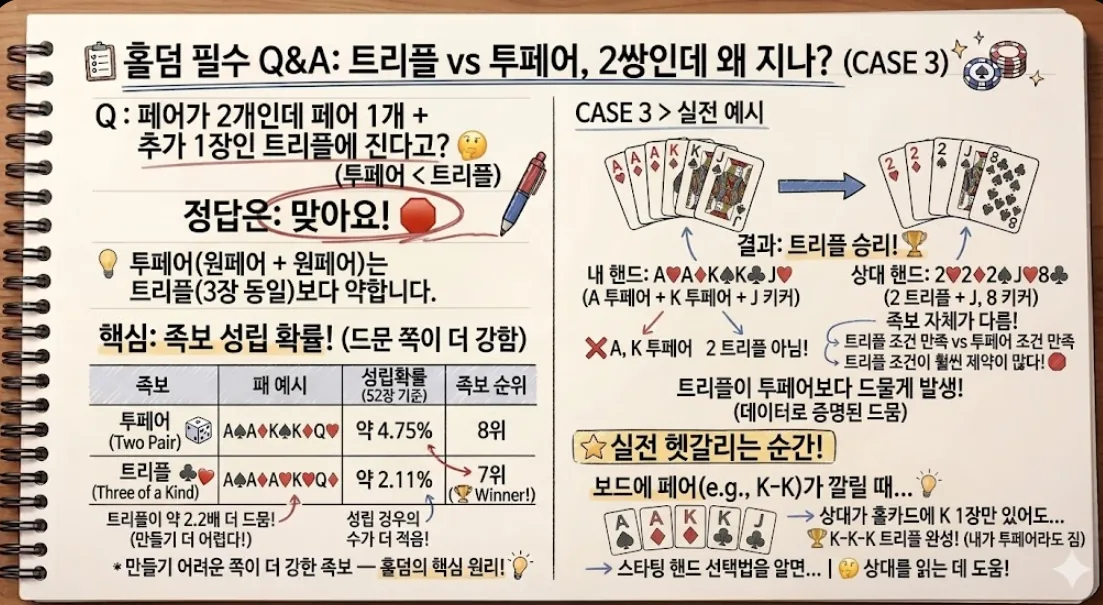 트리플 투페어 비교 Q&A 카드 — 2쌍인데 지는 이유